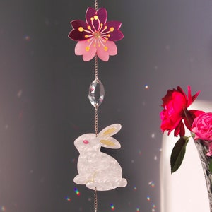 Crystal Sun Catcher for Window Hanging, Easter Decor, Sakura Rabbit Decor Wall Art, Birthday Gift, Wall Decor Boho Room Decor, Rainbow Maker