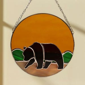 Stained Glass Bear Suncatcher: Sunset Window Hanging, Animal Lover Gift