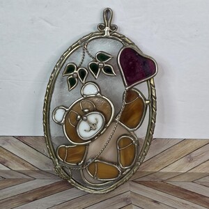 Hand Crafted Leaded Brass Stained Glass Teddy Bear With Red Heart Vintage READ