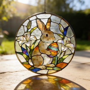 Handmade Easter Bunny Stained Glass Suncatcher, Bunny with Egg Window Hanging, Spring Home Decor, Unique Holiday Gift for Her