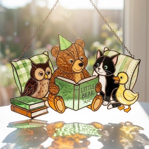 Little Bear Reading Resin Window Hanging, Woodland Creature Panel, Rustic Country Home Decor